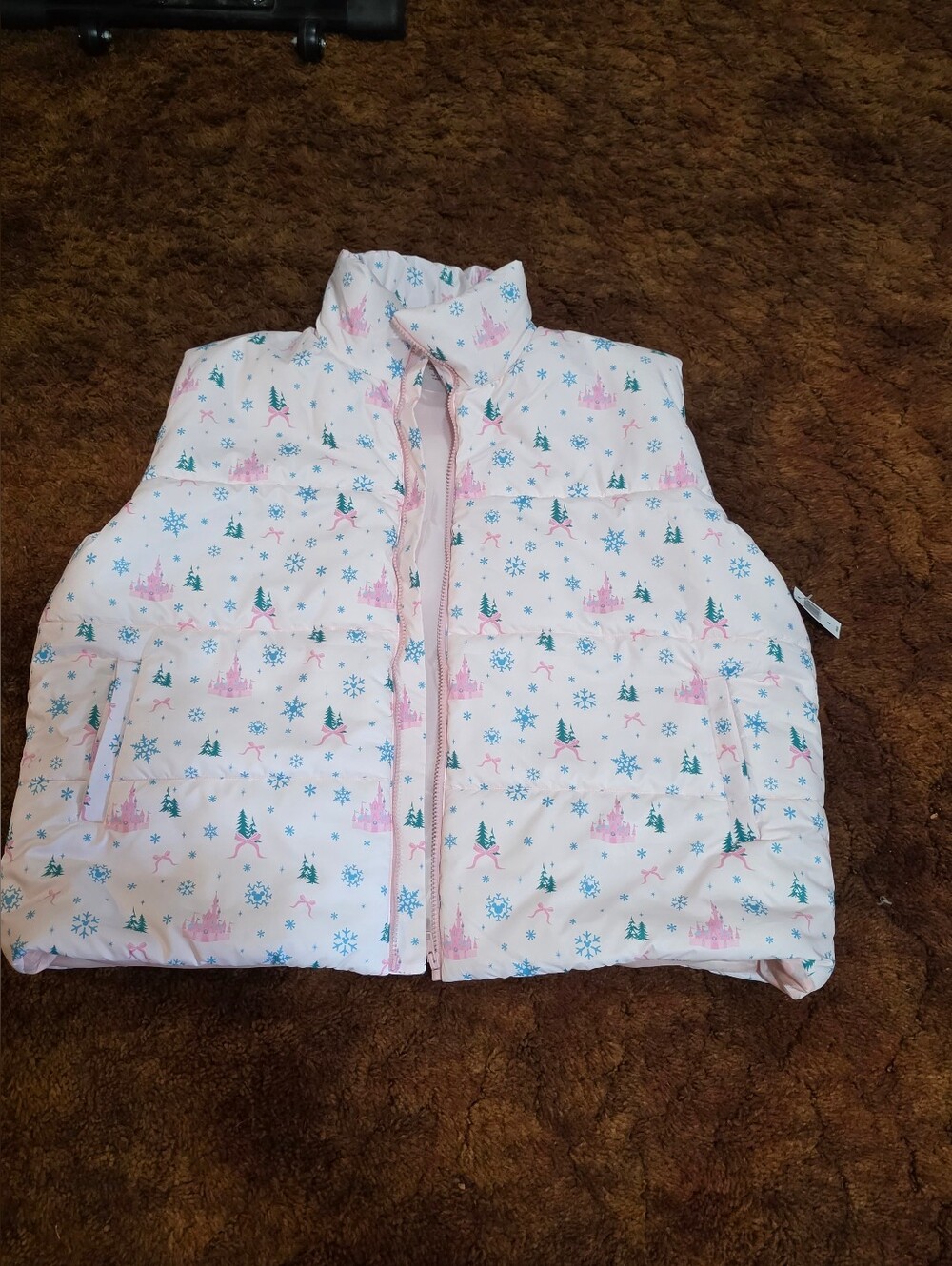 Disney World Fantasyland Castle Bow Pink Holiday Christmas Puffer Vest - XL